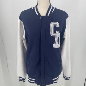 Twisted Varsity Criminal Damage Coat Jacket WOMENS Blue White Snap Close SIZE M